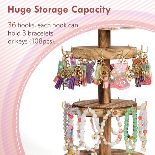 Pinzoveco Bracelet Holder, 3 Tier Wooden Rotating Bracelet Display Stand, Tree Stand Vendor Booth Display with Adversitsing Board, 36 Hooks for Bracelet, KeyChain Display Stands for Selling, Brown (Patent Pending) - color: Carbonized Brown