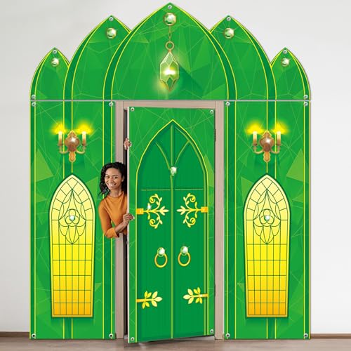 4PCS Green Castle Door Cover Party Decorations Green Castle Photography Background Fairytale Wonderland Door Hanging Porch Sign Banner for Birthday Princess Halloween Holiday Photo Prop Party Decor