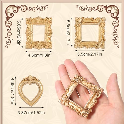 Vintage Resin Picture Frame 3 PCS Mini Gold Antique Tabletop Frames Small Baroque Ornaments for Wall Hanging Display Jewelry Showcase Miniature Props DIY Photo Christmas New Year Home Decor