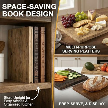 3 Piece Book Shaped Cutting Board Set with Wooden Stand, Solid Acacia Wood Chopping Boards for Kitchen, Decorative Library Design Gift for Cooking