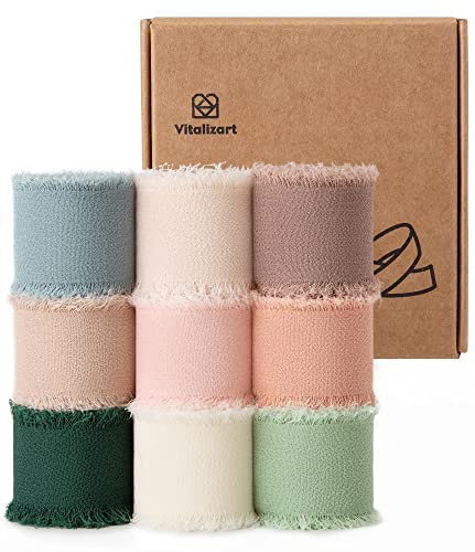 Vitalizart 1" x 27 Yd Chiffon Silk Ribbon Mixed Color Ribbons Set 3 Yd x 9 Rolls Fringe Fabric for Wedding Invitations Bridal Bouquets Party Decoration Gift Wrapping Bow Making - color: mixed color 9 rolls