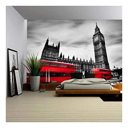 wall26 - The UK. Red Buses in Motion and Big Ben - Removable Wall Mural | Self-Adhesive Large Wallpaper - 66x96 inches - color: Artwork - 24, size: 66"x96"