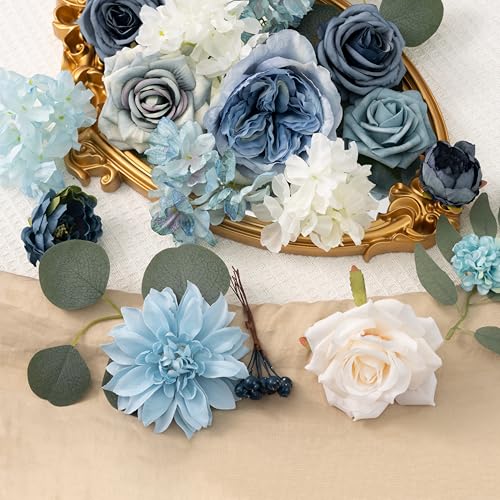 Artificial Flowers Combo Box Set Dusty Blue Flowers for DIY Wedding Bouquet Arrangements Bridal Shower Party Home Decorations(White Blue Rose) - color: White/Blue