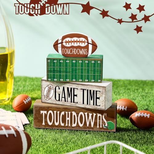 Yuntau 4 Pcs Football Table Decorations Spring Football Tiered Tray Decor Spring Wooden Sign Soccer Centerpiece Decorative Faux Book Stack Block for Coffee Table Fireplace Mantel Floating Shelf - style: Football