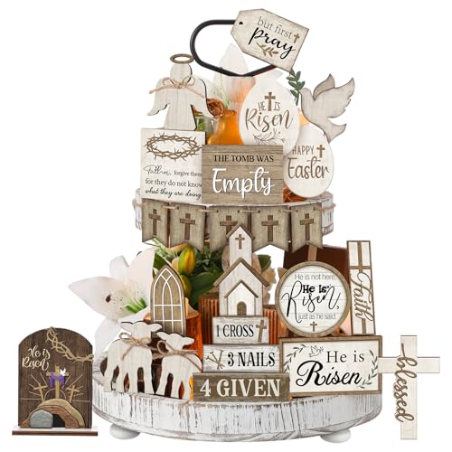 Yuntau 24 Pcs Easter Tiered Tray Decor Religious Easter Decorations He is Risen Cross Tray Decoration Sets Christian Cross Table Wooden Sign Farmhouse Table Decor for Home Kitchen Office Holiday - style: Rustic