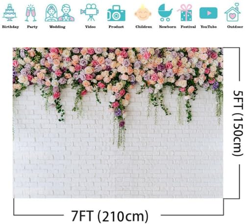7X5FT White Brick with Flowers Backdrop Occasions Mother's Day Wedding Bridal Shower Birthday Party Banner Background Supplies DH-357 - size: 7X5FT
