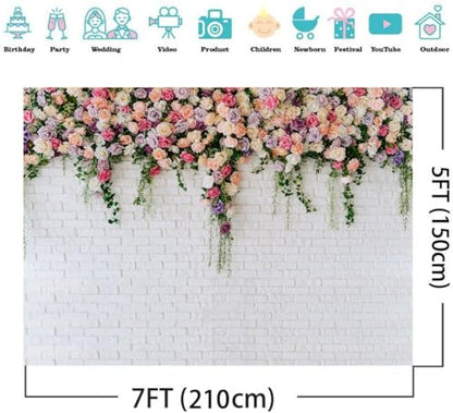 7X5FT White Brick with Flowers Backdrop Occasions Mother's Day Wedding Bridal Shower Birthday Party Banner Background Supplies DH-357 - size: 7X5FT