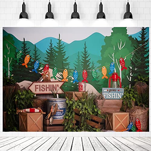 Gone Fishing Photography Background Forest Green Plants Boy Child Birthday Party Cake Smash Portrait Backdrop Baby Shower Party Photo Booth Props,8x6ft - size: 8X6FT