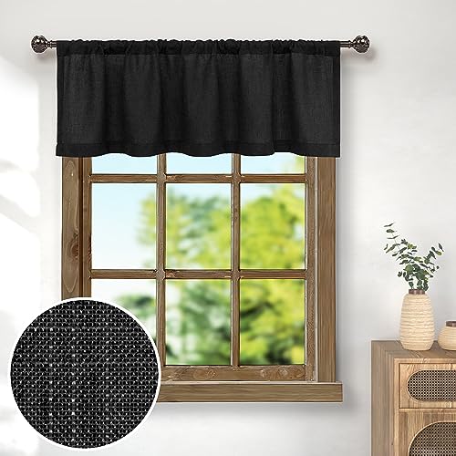 Pitalk Black Linen Window Valance for Kitchen 3 Inch Rod Pocket Semi Sheer Boho Modern Farmhouse Light Filtering Valance Curtain Topper for Bedroom Living Room Bathroom 18 Inch Length Halloween Decor - color: Black