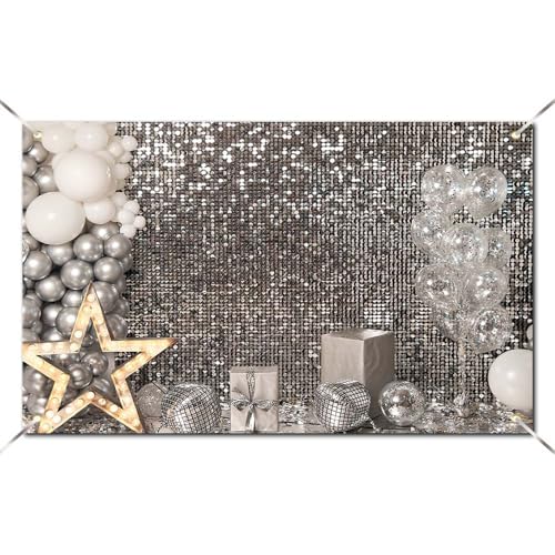 6×4FT Silver Sequin Glitter Star Balloon Box Photo Backdrop Happy Birthday Shimmer Wall Photography Background Baby Shower Newborn Celebration Party Banner Decoration Supplies Polyester - size: 6x4FT