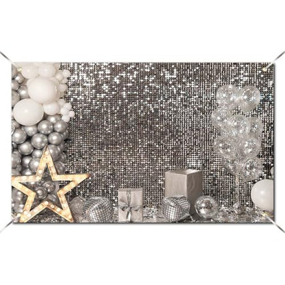 6×4FT Silver Sequin Glitter Star Balloon Box Photo Backdrop Happy Birthday Shimmer Wall Photography Background Baby Shower Newborn Celebration Party Banner Decoration Supplies Polyester - size: 6x4FT
