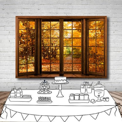 7x5 FT Fall Photo Backdrop Fall Window Backdrop Autumn Forest Natural Landscape Thanksgiving Day Photography Background Newborn Party Decoration Bannerwall Photo Booth Props