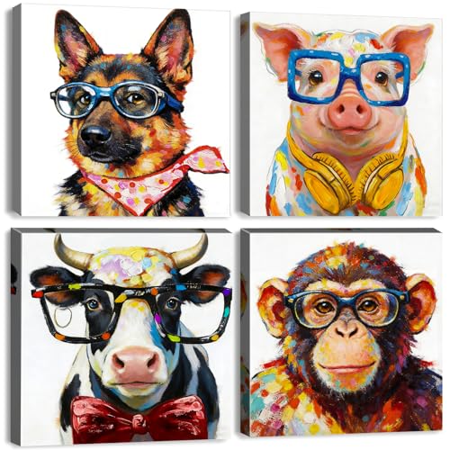 Abstract Cow Canvas Wall Art Funny Pig Dog Chimpanzees Picture Kids Bedroom Wall Decor Colorful Animals Wearing Sunglasses Canvas Prints Artwork for Living Room Toddler Room Home Decoration 16x16"x4 - color: Cartoon Animal, size: 16"l X 16"w