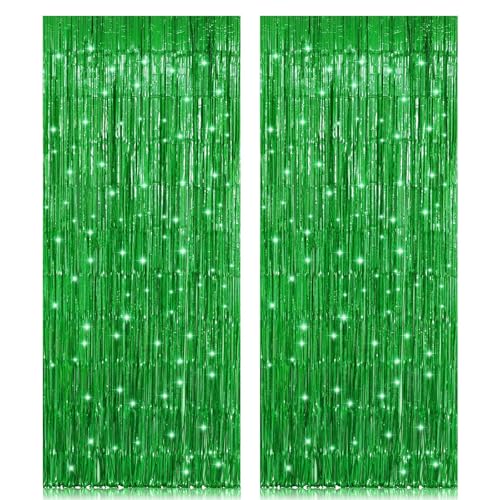 2 Pack 3.2ft x 8.2ft Green Foil Fringe Curtain, Metallic Tinsel Foil Fringe Rain Curtain Streamers Photo Backdrop for St Patricks Day Decorations Birthday Christmas Jungle Safari Tropical Party Decor - color: Green