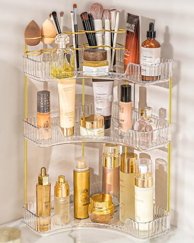 NATURE'S SOURCE Makeup Organizer for Vanity, 3-Tier Corner Bathroom Organizer Countertop with Makeup Brush Holder, Corner Counter Storage for Bathroom, Dresser, Kitchen（Clear - color: Clear, size: 3-Tier