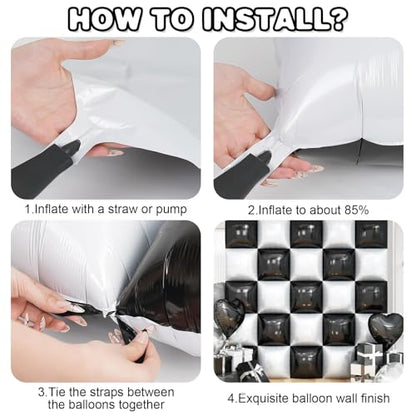 Black White Square Foil Balloon Wall,25Pcs Double Sided Checkered Balloons Backdrop Helium Balloon Tunnel Arch Garland Kit for Birthday Bridal Anniversary Baby Shower Party Decorations - style: Black White
