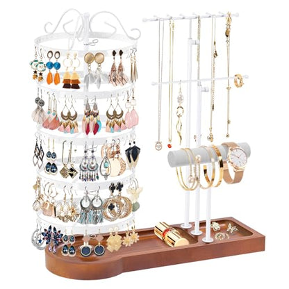 KALYLOC Jewelry Earring Holder Organizer, Adjustable 5 Tiers Rotating Earring Holder 3 Tier Necklace Holder with Wooden Base, Multi-Functional Jewelry Organizer Display Stand for Studs Bracelet Women - color: White