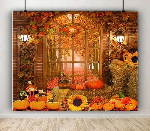 Fall Thanksgiving Backdrop Autumn Pumpkin Harvest Window Backdrop for Photography Background 10x8ft Maple Leaves Forest Haystack Photo Backdrop Kids Baby Birthday Party Portrait Prop Banner - color: NSW12879