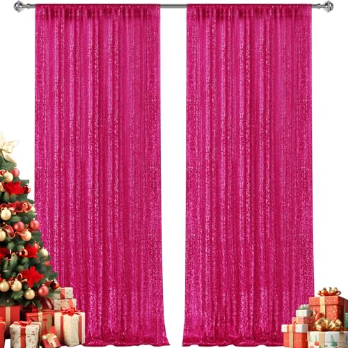 2×8FT-2PCS Hot Pink Sequin Backdrop Curtains Panels, Fuchsia Photography Backdrop Glitter Curtains Fabric Background for Christmas Wedding Party Decor - color: Hot Pink, size: 2X8FT-2PCS