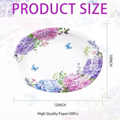 50Pcs Hydrangea Flowers Oval Paper Plates Large 10"x12" Blue Purple Pink Hydrangea Floral Plates Disposable Heavy Duty Flower Plates for Spring Wedding Bridal Baby Shower Decoration Tea Party Supplies - style: 50Pcs Hydrangea Oval Plates