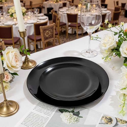 PULOTE 60 PCS Black Plastic Plates - Include 30 Dinner and 30 Dessert Plates, Black Disposable for Party,Birthday & Graduation - color: Black, size: 60 PCS