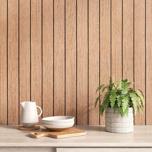 VEELIKE Luxury Cherry Wood Wall Panels Peel and Stick Slat Wall Panel for Bedroom Living Room 17''x118'' Self Adhesive Foam Vinyl Roll Wood Slat Wallpaper for Interior Wall Decor TV Background Ceiling - size: 17" x 118"