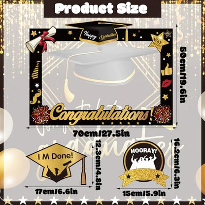 2026 Graduation Photo Booth Props, Black Gold Graduation Photo Prop Frame & Grad Photo Booth Props, Funny Grad Party Selfie Props, Selfie Photo Frame for High School and College Grad