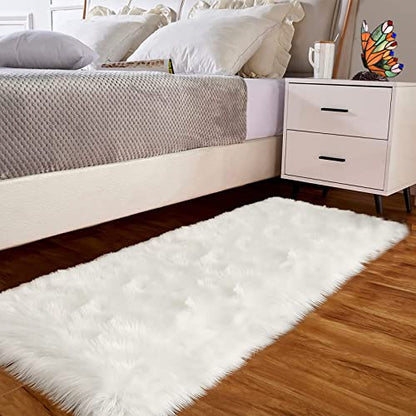 Goolela White Faux Fur Runner Rug 2x6 Faux Sheepskin Rug for Bedroom Fluffy Fuzzy Furry Bedside Rugs Shaggy Plush Washbale Rectangle - color: White, size: 2' x 6' (Rectangular)