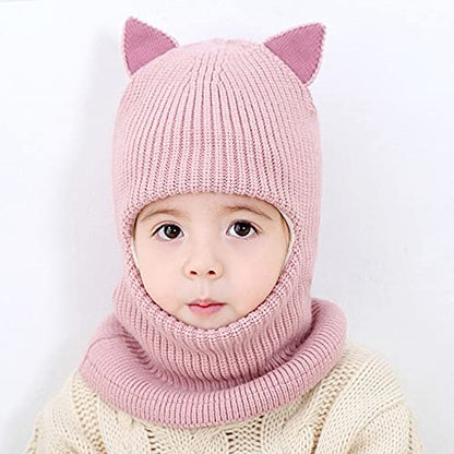 Kids Winter Plus Velvet Thickened face Protection Scarf Cute Beanie Cap Skull Caps Winter Soft Warm Knit Caps - color: Hat3-pink