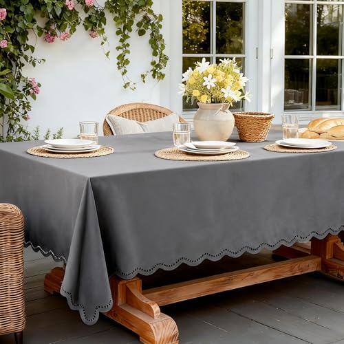 Rectangle Outdoor Tablecloth Linen Textured Waterproof & Stain Resistant Table Cloth Boho Decorative Scalloped Cutouts Farmhouse Table Cover for Dining Buffet Parties and Camping, 52 x 70 Inch, Grey - color: Grey, size: 70" x 52" (Rectangular)