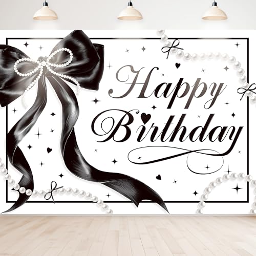 Newsely Black Bow Happy Birthday Banner Backdrop 8Wx6H Photography Bowknot Balloons Pearls Pretty for Women Girly Female Background Aesthetic Bday Party Decorations Banner Photo Booth Props Supplies - color: F-black bow, size: 8Wx6H