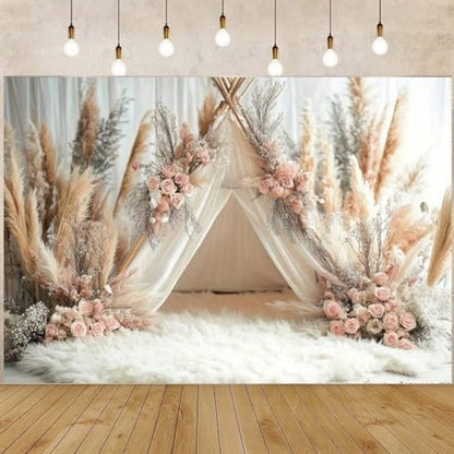 Boho Flowers Tent Photography Backdrops Pink Bohemian Style Girl Birthday Party Decorations 1st Birthday Party Baby Shower Cake Smash Backdrop Photo Studio Photography Props (8x6ft) - size: 8x6ft
