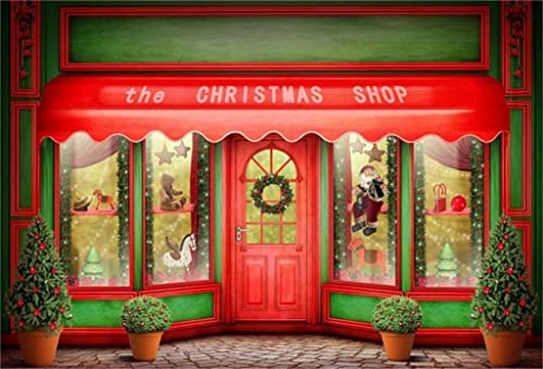 AOFOTO 12x10ft Red Christmas Shop Backdrop Front Door of Xmas Display Window Santa's Toy Store Photography Background Holiday New Year Party Banner Kids Baby Child Adult Portrait Photo Studio Props - size: 12x10ft