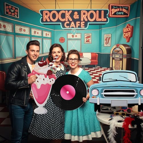 Soulchen 3 Pcs Large 50s Photo Booth Props Party Decorations Retro Car Soda Cup Record Disc Cardboard Cutout 50s Photo Backdrop Sign Birthday Decorations for Rock and Roll 1950s Party Supplies - style: 50s