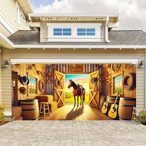 BlissYard 13x6ft Garage Banner Western Backdrop Welcome Garage Door Cover Wild West Horse Barn Decor Background Holiday Photo Props for Spring Summer Indoor Outdoor Wall Rustic Country Decor - color: Garage Banner#1