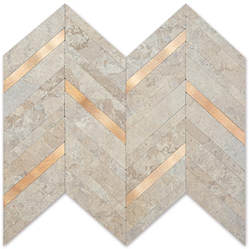 DICOFUN 10 Sheets Herringbone Peel and Stick Backsplash, Beige Stone PVC Stick on Backsplash, Marble Look Self Adhesive Wall Tile for Kitchen and Bathroom - color: Stone Beige and Metal Copper, size: 10 Sheets, 12"x12"x0.12"