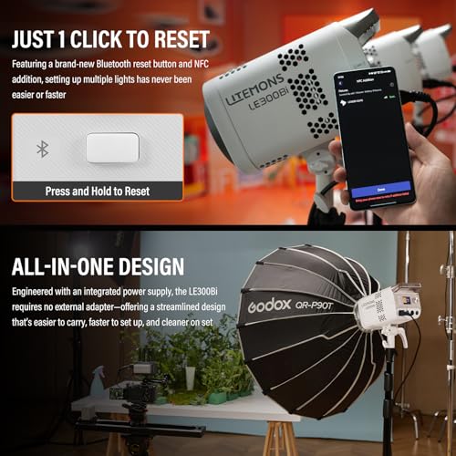 GODOX 3Pack LE300Bi Light Kit, Godox Litemons LE300Bi Video Light with Softbox Light Stand, Bowens Mount, DMX/Bluetooth APP Control, NFC Connection, 2800K~6500K, 58900Lux@1m, CRI/TLCI98, 11 Fx Effects