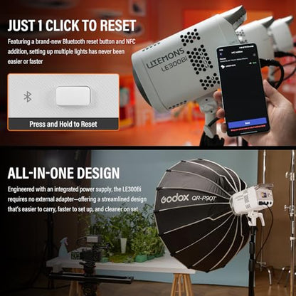 GODOX 3Pack LE300Bi Light Kit, Godox Litemons LE300Bi Video Light with Softbox Light Stand, Bowens Mount, DMX/Bluetooth APP Control, NFC Connection, 2800K~6500K, 58900Lux@1m, CRI/TLCI98, 11 Fx Effects