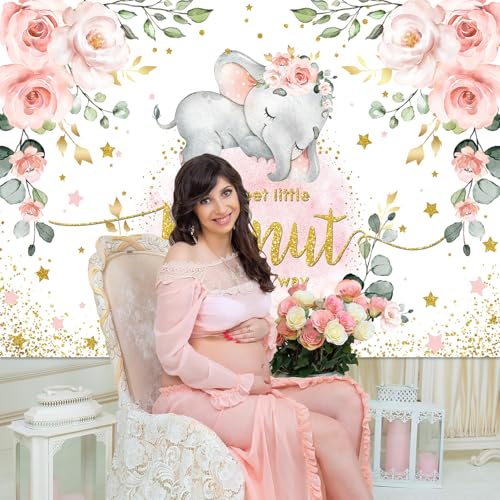 InMemory Pink Elephant Baby Shower Backdrop Watercolor Flower It's A Girl Oh Baby Shower Party Decorations Photography Background Floral Sweet Little Peanut is On The Way Banner 6x4ft - color: Pink&gold, size: 6x4ft