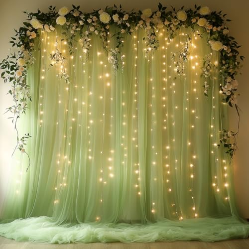 Tulle Curtain Backdrop with 300 LED Fairy Lights for Parites Wrinkle-Free Sheer Curtain Drapes Photo Back Drop for Wedding Baby Shower Bridal Shower Birthday Home Décor - 10ft×10ft, Sage Green - color: Sage Green