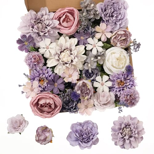 30 Pcs Artificial Flowers Combo Purple Flowers Mix Silk Flowers Dahlia Roses with Stems for DIY Wedding Bridal Bouquets, Baby Shower, Floral Arrangement, Table Centerpieces, Home Decorations - color: White/Purple1