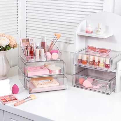 Vtopmart 5 Tier Clear Makeup Organizer with Drawer, Cosmetic Storage for Dresser Countertop and Bathroom Vanity, Beauty Holder for Lipstick Brush Skincare - style: 5 Tier
