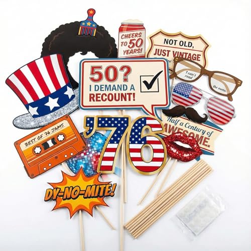 50th Birthday Photo Booth Props (20 Pcs) - 1976 Bicentennial Theme Decorations - Funny Retro 70s & Patriotic Party Supplies - Birthday Favors for Men & Women Turning 50 in 2026