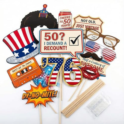 50th Birthday Photo Booth Props (20 Pcs) - 1976 Bicentennial Theme Decorations - Funny Retro 70s & Patriotic Party Supplies - Birthday Favors for Men & Women Turning 50 in 2026