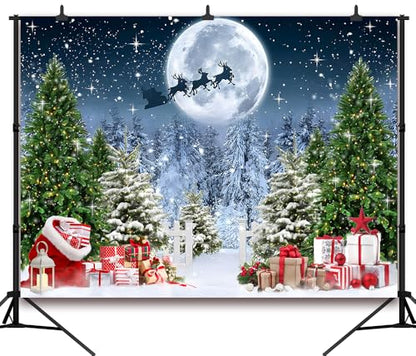 8x6 FT Christmas Scene Backdrop Xmas Tree Winter Forest Scene Wonderland North Pole Night Background Starry Sky Moon Reindeer Santa Claus Christmas Decorations Family Photo Shoot Booth Props - size: 8x6 FT