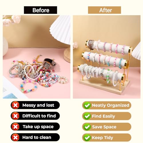 Bracelet Holder Display Stand Bangle Organizer 3 Tier Jewelry Display for Vendors, Gold Jewelry Necklaces Scrunchie Storage Rack with Wood Base