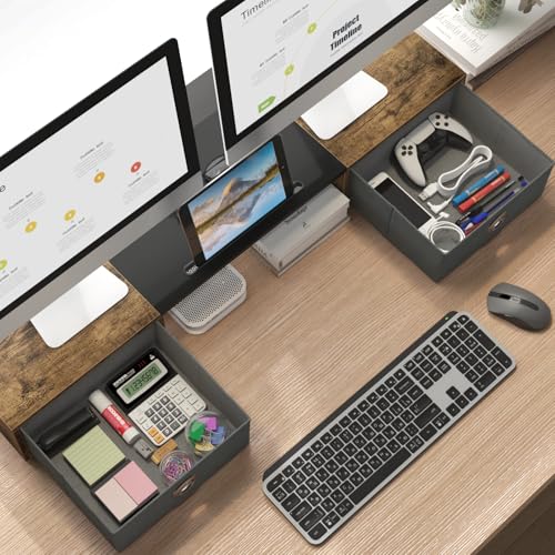 WESTREE Dual Monitor Stand Riser with Two Drawers, Extra Large Storage for 2 Monitors, Desktop Oraganizer Computer,Laptop,Screen,Printer,TV - color: Rustic Brown