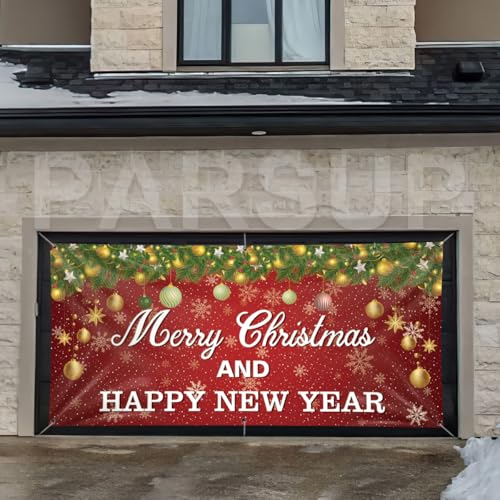 Christmas Garage Door Banner, 13ft x 6ft Merry Christmas Garage Cover Large Xmas Party Background Decoration for Photography, Holiday Photo Booth Props Outdoor Hanging Decor for Winter Supply - color: Christmas Red
