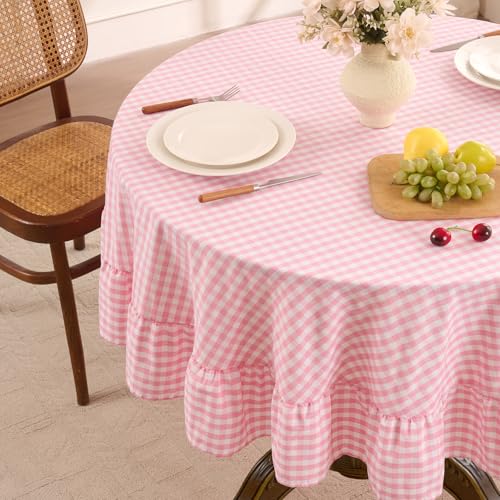 Romanstile Gingham Ruffled Tablecloth Round - Waterproof Linen Cotton Checkered Table Cloth, Outdoor Plaid Table Cover for Picnic, Camping, Party - 70 Inch, Pink - color: Pink Plaid, size: 70" (Round)