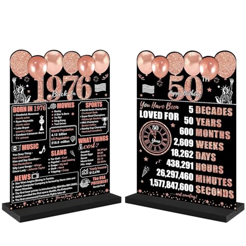 Guiruiy Rose Gold 50th Birthday Decorations for Women, Two-Sided Vintage 50 Back in 1976 Theme Poster Wooden Table Sign with Stand, Fifty Years Old Bday Centerpieces Display Holder for Table Decor - style: Rose Gold 50th